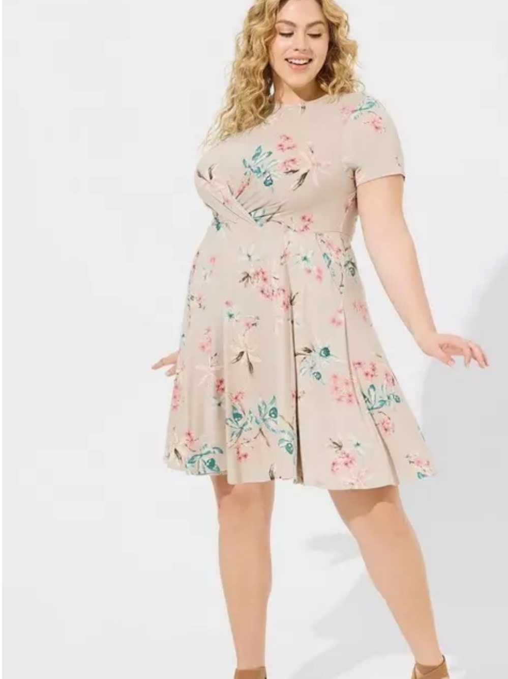 torrid Beige Floral Fit & Flare Mini Dress